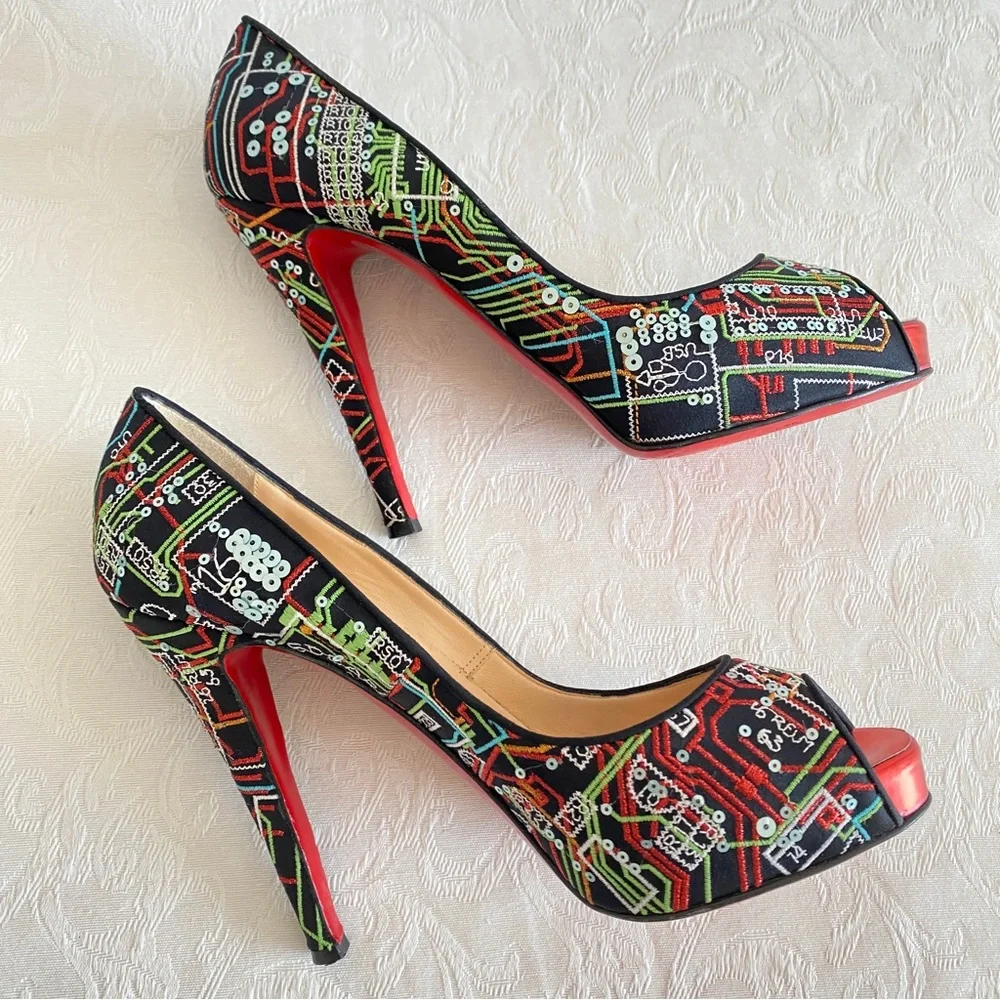 Christian louboutin embroidered peep toe platform pumps